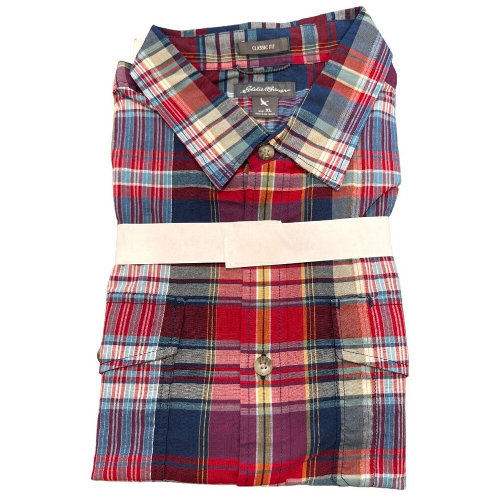 Eddie Bauer Classic Fit Men's Short Sleeve Shirt Button Up Red Blue Plaid XL